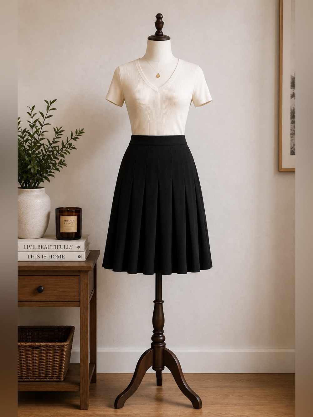 TWIK Black Pleated Midi Skirt High Waist Office Siren Minimalist Size Small